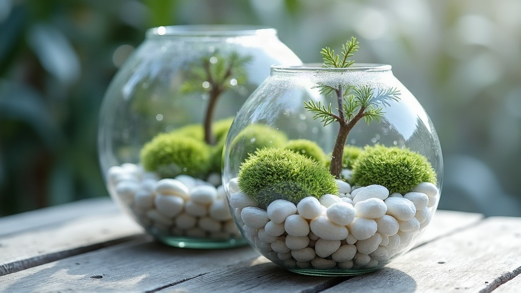 Winter Holiday Terrarium with Frosty White Pebbles and Moss